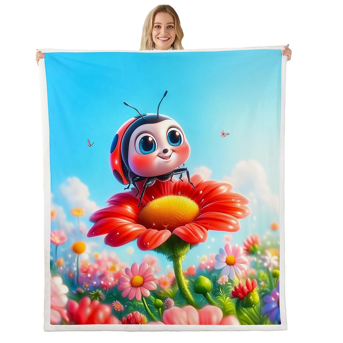 Erosebridal Cute Ladybug Throw Bed Blanket Watercolor Flowers Ladybird Throw 50"X60" Fleece Blankets for Kids Boys Girls,Kawaii Animal Sherpa Blankets Cartoon Ladybug Spring Floral Fuzzy Blanket