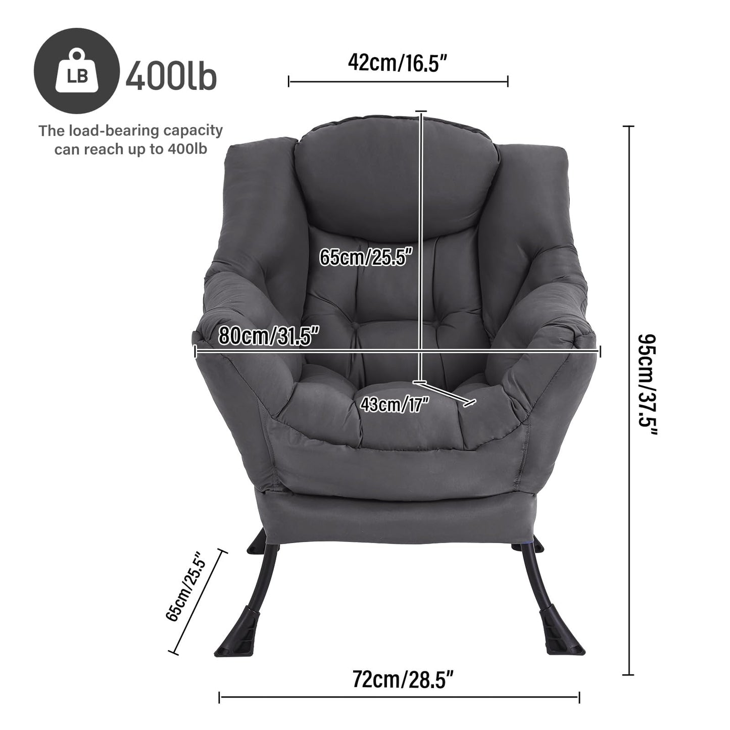 HomEastlly Lazy Chair, Large Accent Chair, Modern Comfy Armchair, Dark Grey Chair for Living Room Bedroom Dorm Room Office Apartment Reading Relaxing Use