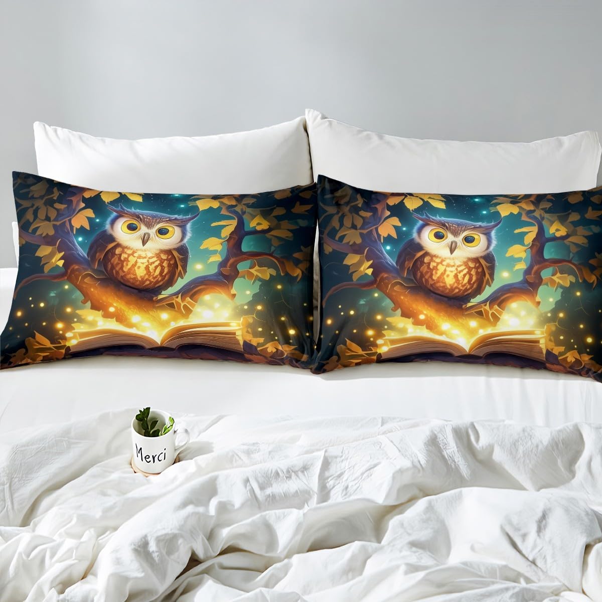 Cartoon Owl Bedding Sets Twin Size,Wild Animals Fitted Sheet 2Pcs for Kids Girls Boys Teens Room Decor,Reading Book Theme Bed Sheet Magical Gold Tree Deep Pocket Sheet,1 Pillowcase