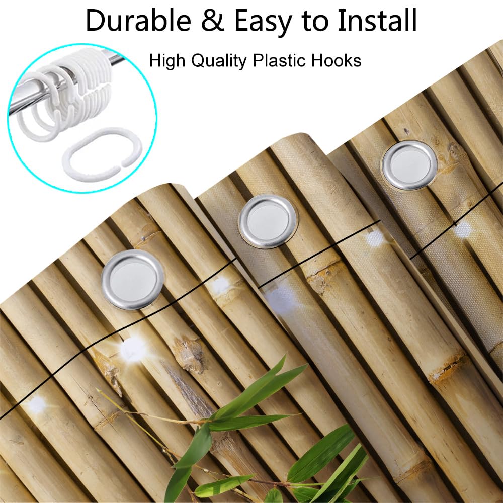Pinpai Bamboo Shower Curtain, Japanese 3D Shower Curtain Set for Bathroom, Nature Zen with Lights Fabric Shower Curtain Restroom Bathtub Decor Accessories with Hooks 72X 72 inch