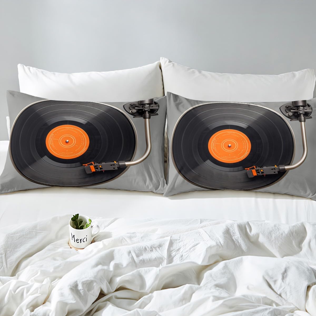Feelyou Vinyl Record Sheet Set CD Card Bed Sheets Set for Kids Disc Music Sheets with Deep Pocket Fitted Sheet Grey Black Bedding Set Bedroom Decor 3Pcs Twin