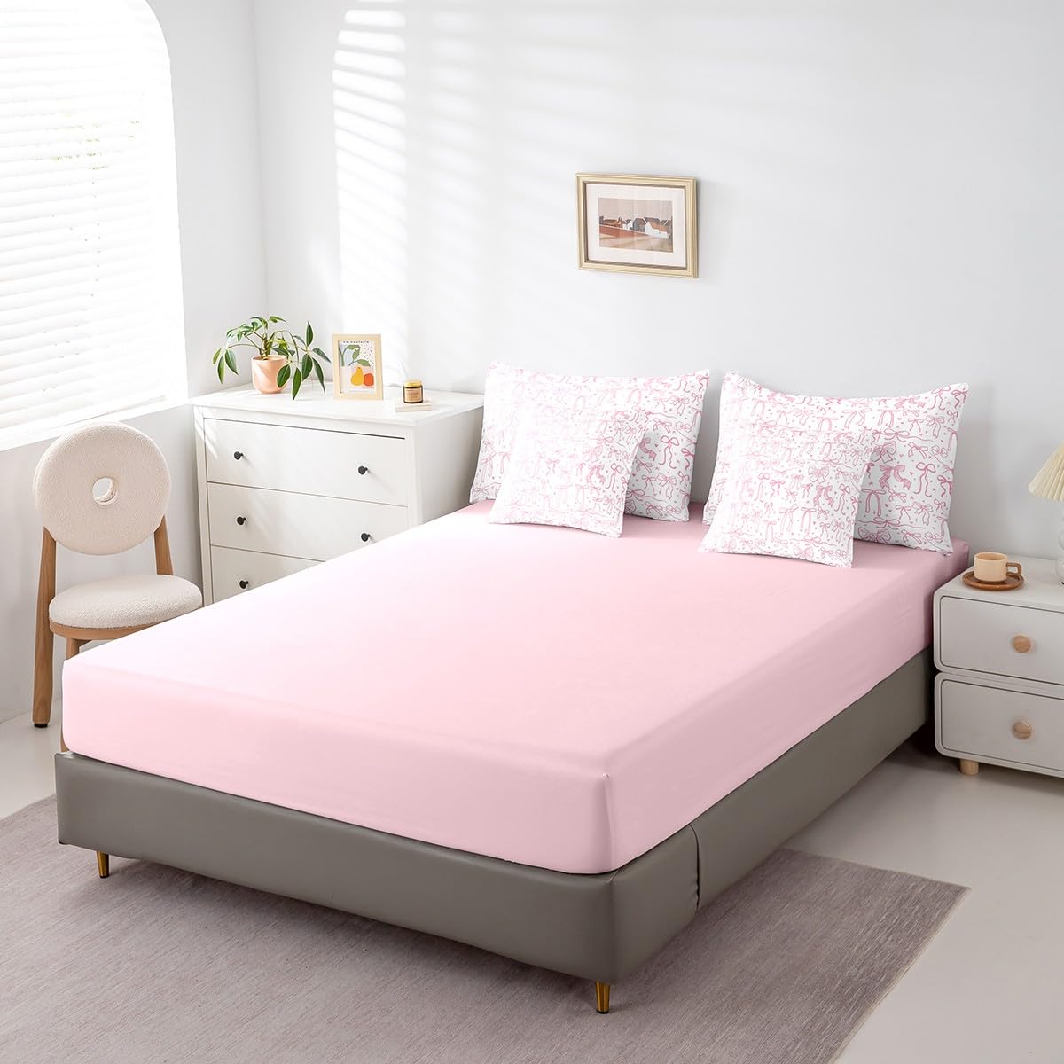 Pink Bowknot Kids Girls 7Pcs Comforter Set Full Size,Cartoon Hand Drawn Stars Love Bow Fitted Flat Sheet,Sweet Princess Style Bedding Set for Teens Woman Room Decor,Dreamy Pink White 4 Pillow Cover