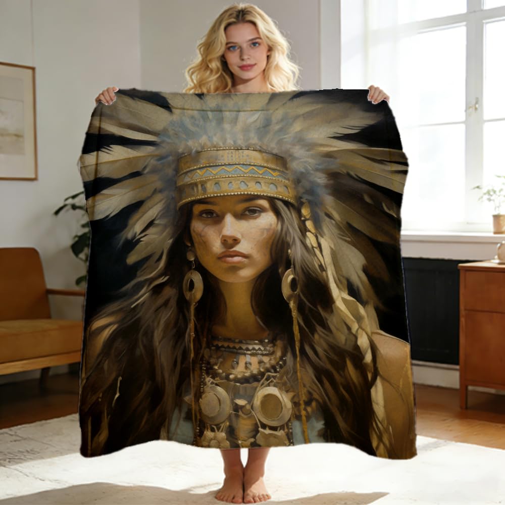 ZHOUSHUTONG Native American Throw Blanket Indian Tribal Chief Print Super Soft Warm Cozy Flannel Blanket for Couch Bedroom Office Southwest Cultural Home Decor Gift 49"x59"