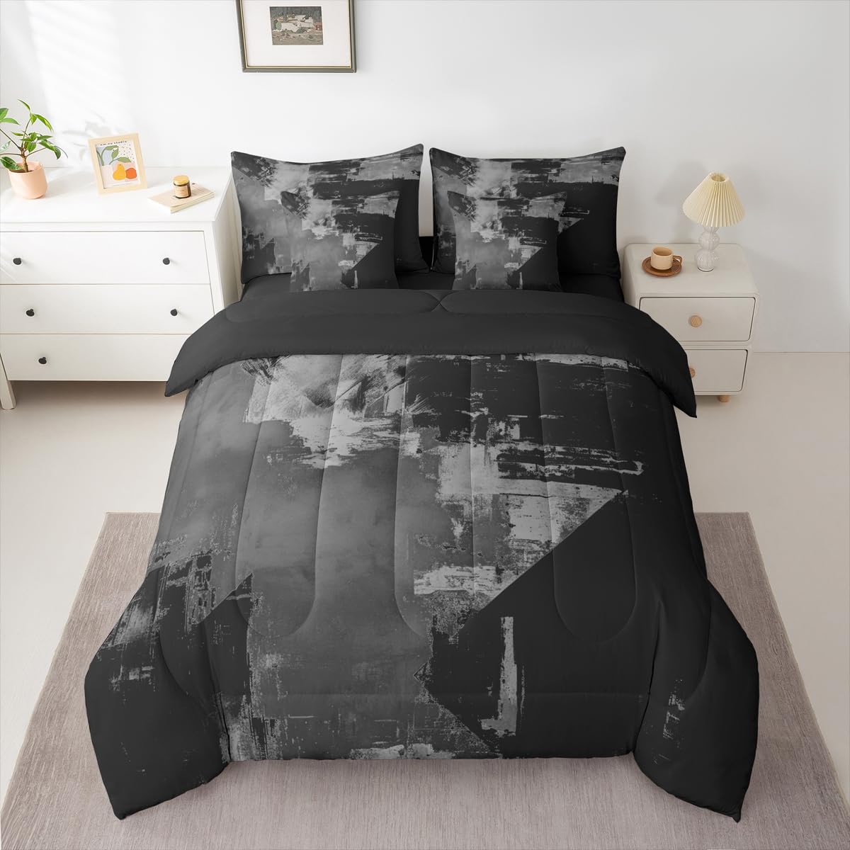 Feelyou Abstract Comforter Set with Sheets 7 Piece King Size Modern Abstract Art Bed in a Bag Kids Boys Girls Luxury Bedding Set Geometric Bedroom Decor Gray and Black Soft Lightweight Microfiber