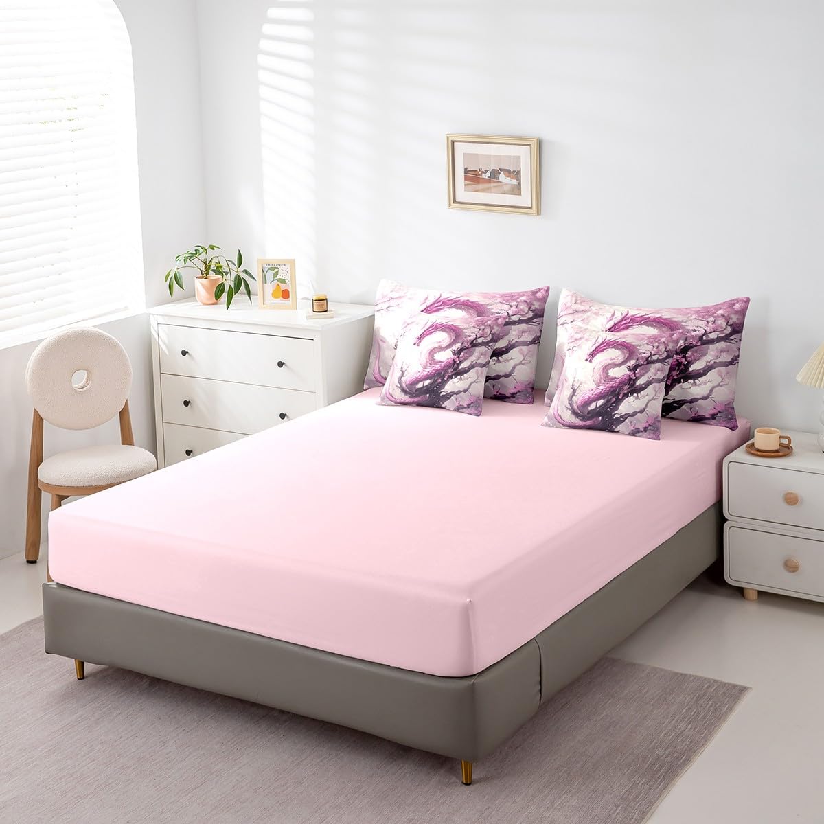 7 Pieces Cherry Flower Dragon Comforter Set Queen,Japanese Style Blossom Bed Set for Kids Boys Girls,Pink Dragon Bedding(1 Comforter,1 Fitted Sheet,1 Flat Sheet,2 Pillowcases,2 Throw Pillow Cover)