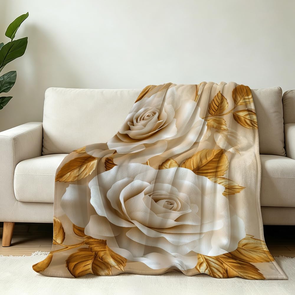 HUNXIAOJ Flower Print Blanket White and Gold Throw Blanket White Floral Print Flower Bedding Warm Soft Flannel for Adults Bed Sofa Couch (49in x 59in)