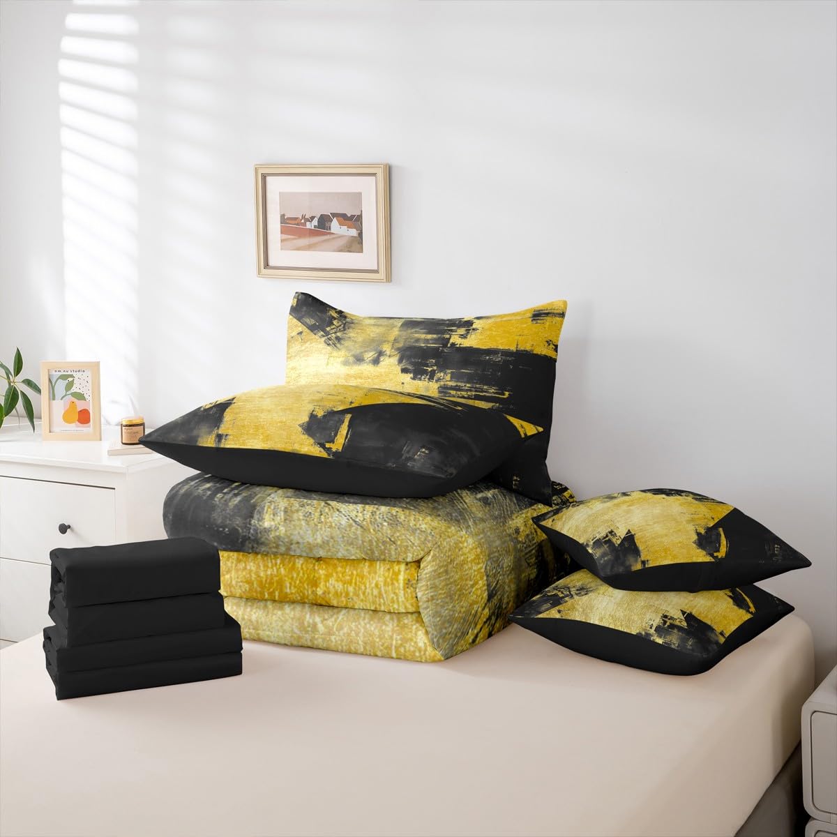 Feelyou Abstract King Comforter Set with Sheets for Kids Boys Girls Modern Abstract Art 7 Pieces Bedding Set Luxury Bed in a Bag Geometric Room Decor Yellow and Black Soft Lightweight Microfiber