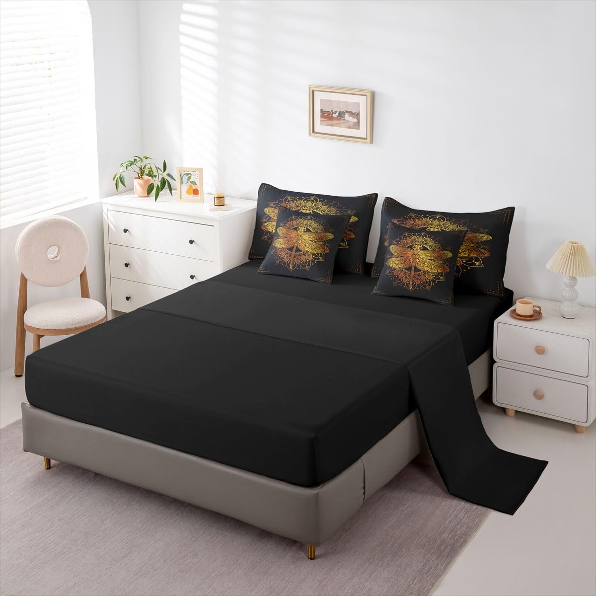 Erosebridal Gold Dragonfly Comforter Set Mandala Bed in A Bag King Size 7 Pieces Boho Bed Set Room Decor Exotic Style Bedding with Sheets