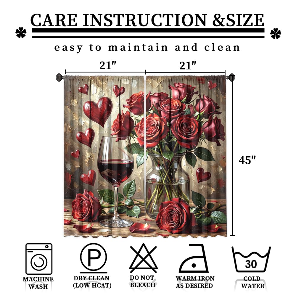 KuracleGH Valentines Day Red Wine Curtains for Bedroom,Aesthetics Floral Red Rose Room Darkening Blackout Window Treatment,Romantic French Wine Glass Rod-Pocket Privacy Curtains,2pcs,Each 21“W x 45”L