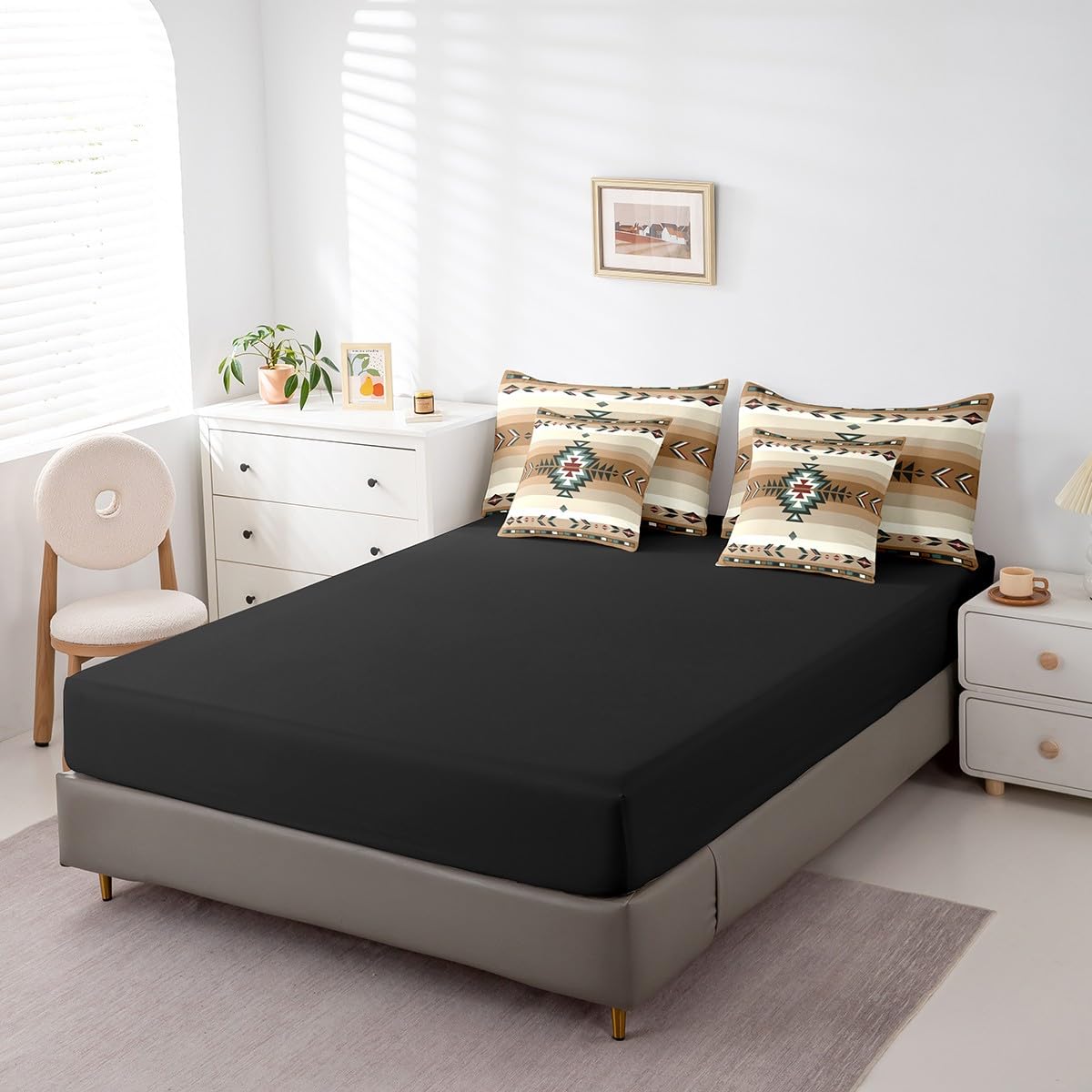Feelyou Queen Size Southwest Native Design 7 Piece Bedding Set Southwestern Geometric 7 Piece Bedding Set Tribal Bed Set Includes Comforter, Sheet Set, Pillowcases & Pillow Covers Beige
