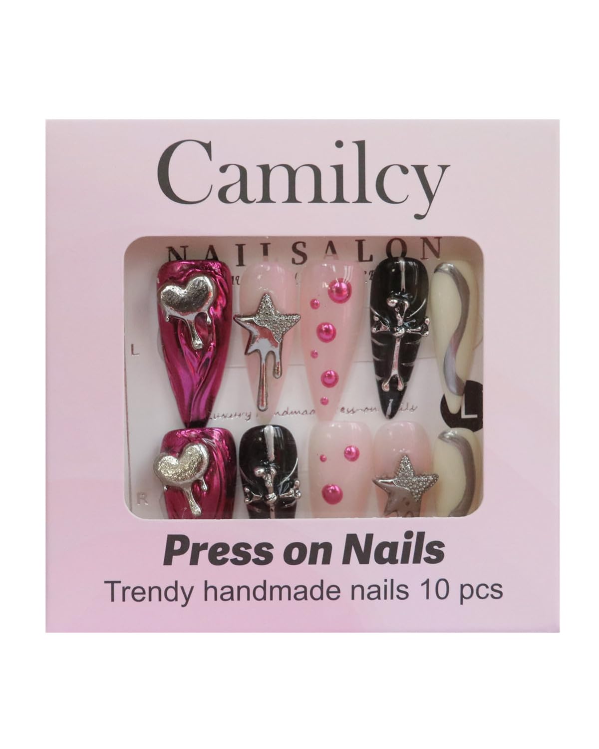 CAMILCY Luxury Handmade Press on Nails Long Stiletto Pink Black Red Y2K Nails with 3D Star Heart Charms Glossy Acrylic Fake Nails Reusable Full Cover False Nails for Women 10pcs (A041, M)
