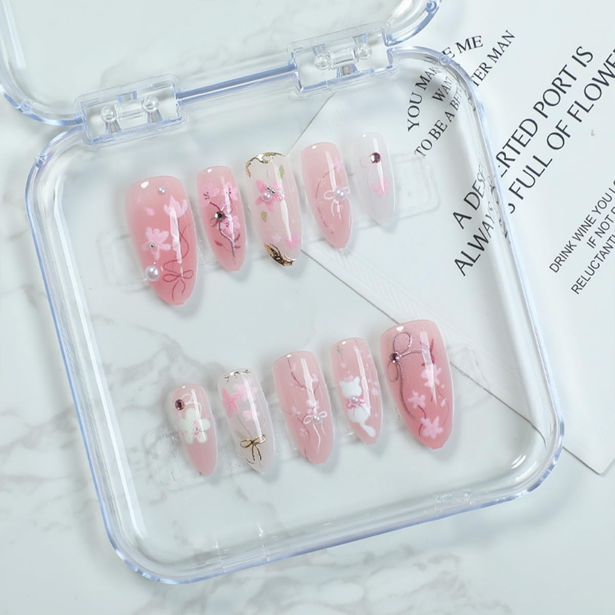 30Pcs Pink Flower Press on Nails Medium Almond Fake Nails Gilding Peach Blossom with Gems Design 3D Pearl Bow False Nails Cute Cat Stick on Nails Handmade Full Cover Artificial Glue on Nails for Women