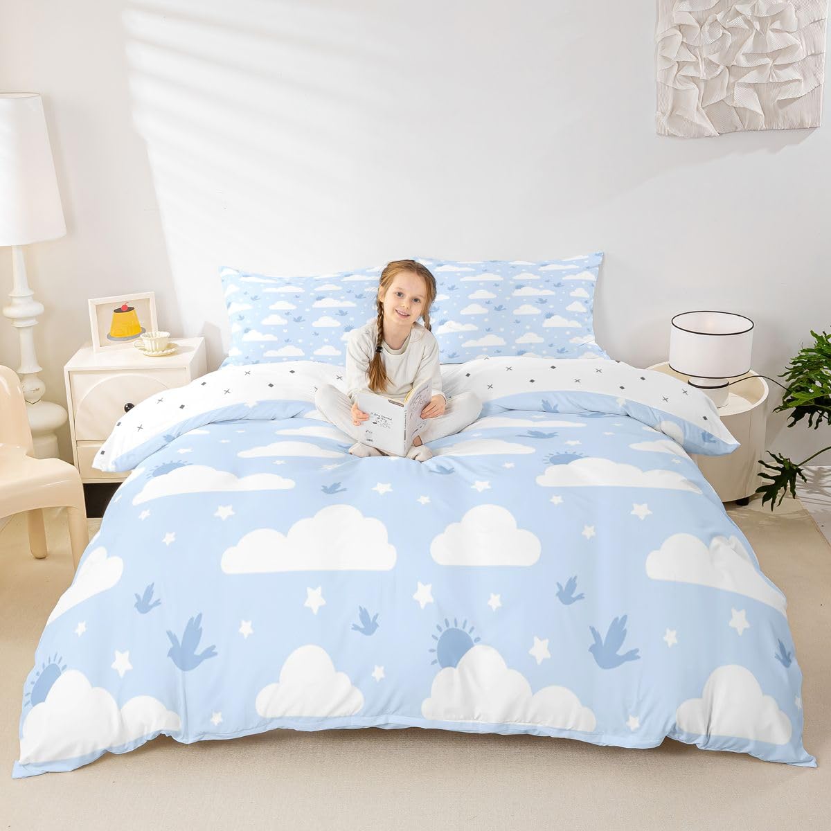 Erosebridal Cloud Duvet Cover Twin Star Pattern Bird Comforter Cover for Kids Teens Cartoon Cloud Sky Bedding Set Blue Sky and White Clouds Bed Set