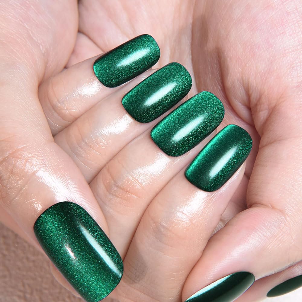 evpct Dark Emerald Green Metallic Cat Eye Press on Nails Square Medium, Stick on Nails Medium Length Square for Women, Green Metallic Nail press ons, Iridescent Glitter Acrylic Fake Press on Nail