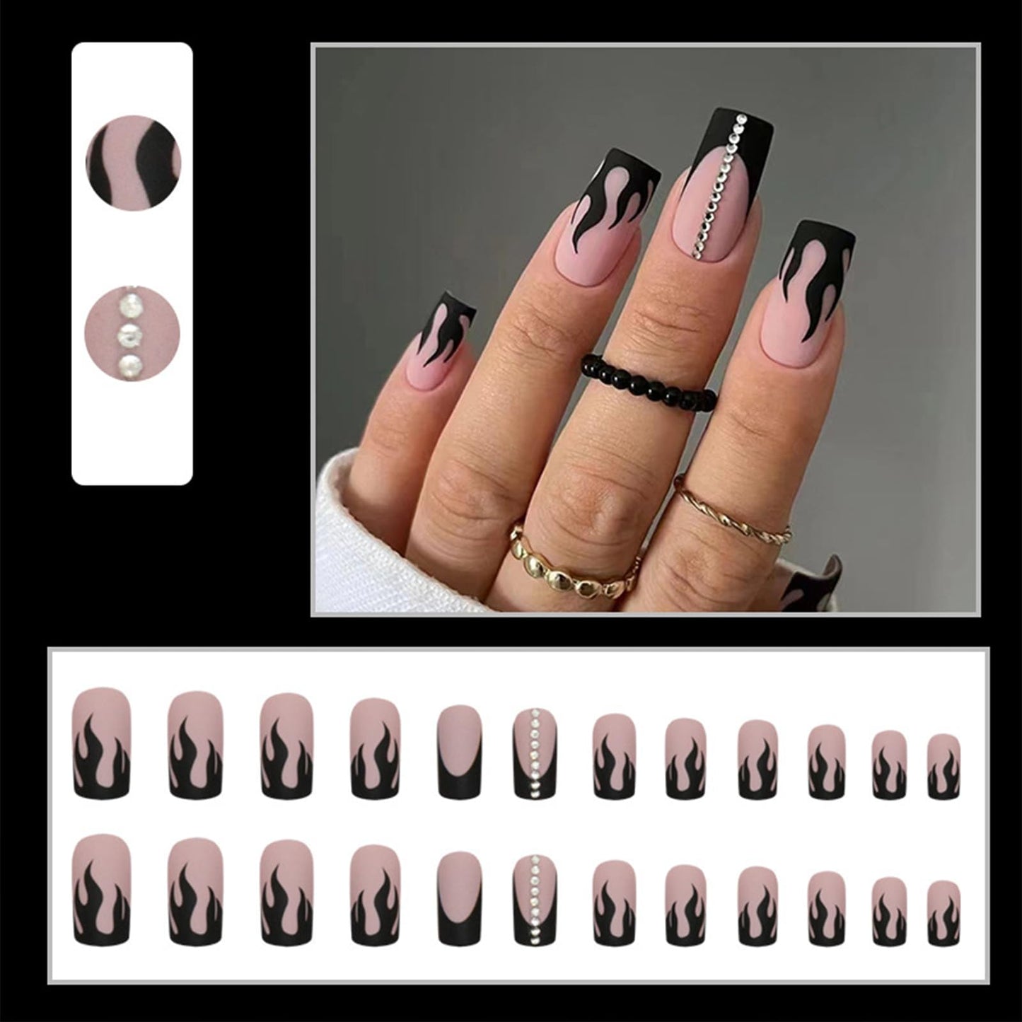 IMSOHOT Matte Square Press on Nails Medium Black Flame French Tips Fake Nails with Rhinestone Designs Full Cover Cool Glue on Nails Nude Squoval Acrylic False Nails 24Pcs