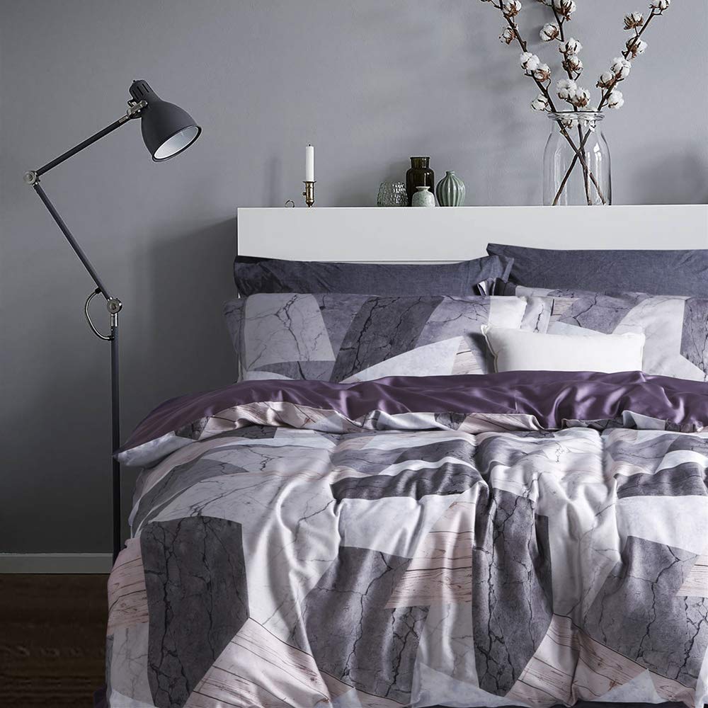 MILDLY 100% Long Staple Cotton Duvet Cover Set, 3pcs Geometric Marble Textured Pattern Printed Comforter Cover Set