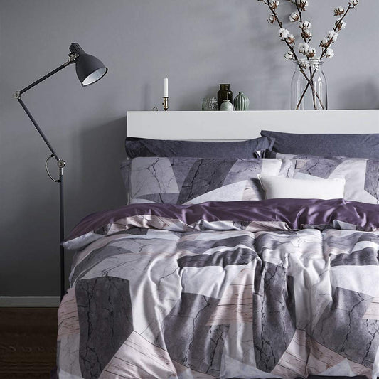 MILDLY 100% Long Staple Cotton Duvet Cover Set, 3pcs Geometric Marble Textured Pattern Printed Comforter Cover Set