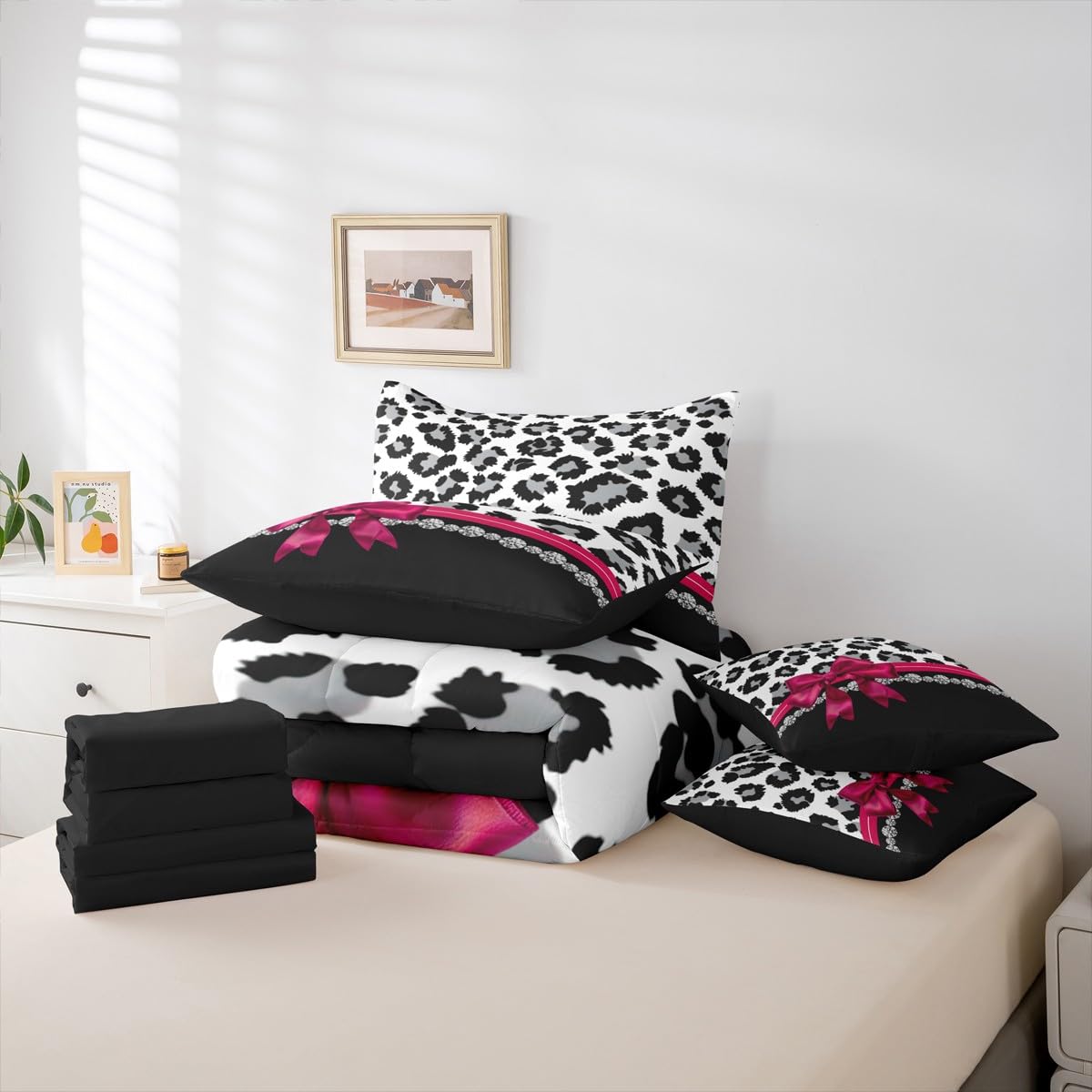 Feelyou Grey Leopard 7 Piece Bedding Set Queen Size Plum Red Bowknot Comforter Set with Sheets for Kids Girls Women Diamond Bed in a Bag Animal Print Bed Set