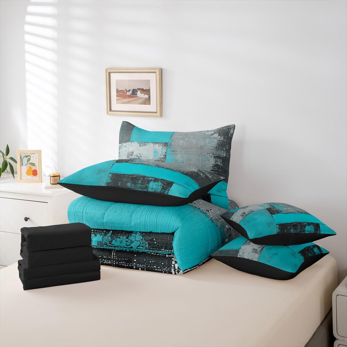 Feelyou Abstract Comforter Set with Sheets 7 Piece King Size Modern Abstract Art Bed in a Bag Kids Boys Girls Luxury Bedding Set Geometric Bedroom Decor Blue Gray Soft Lightweight Microfiber