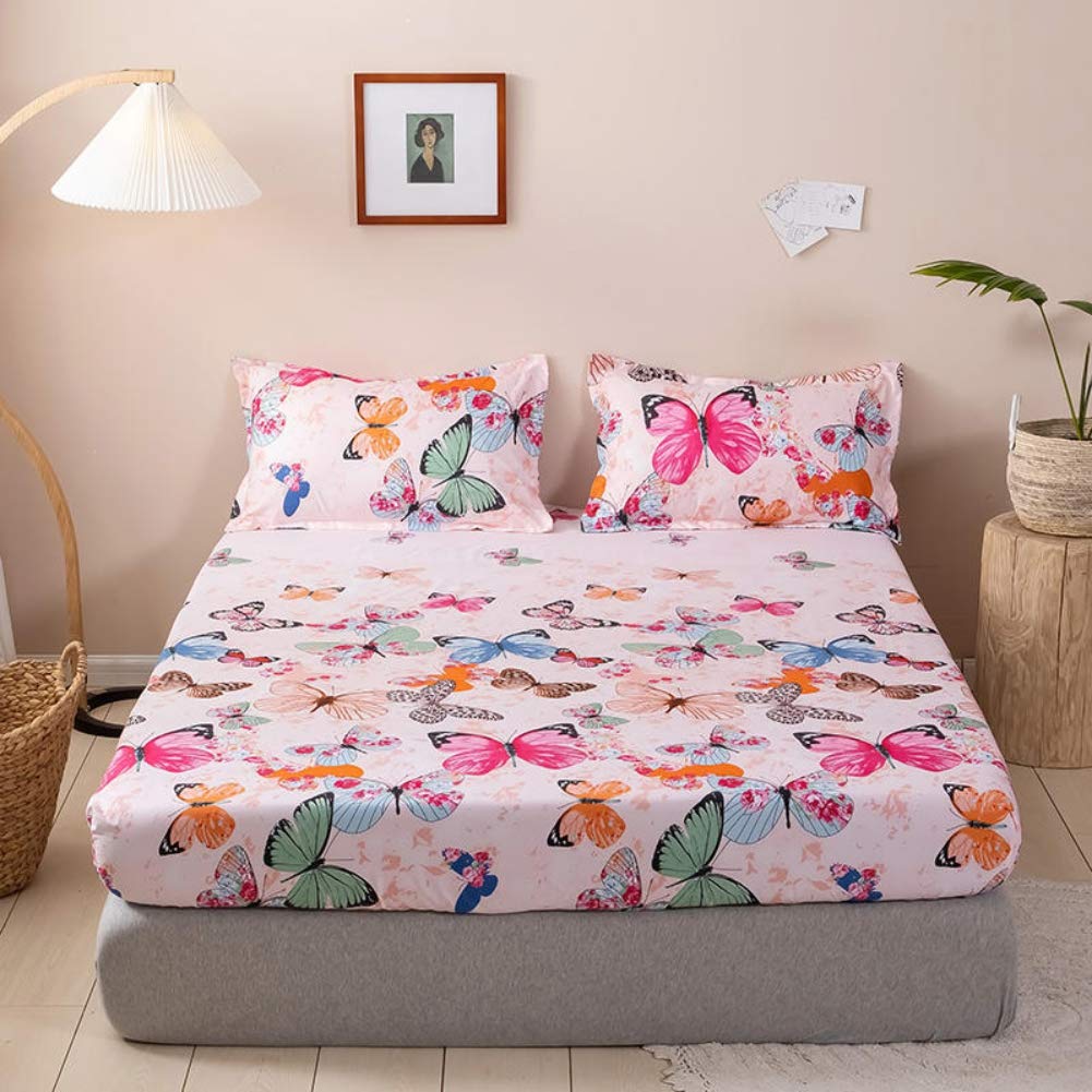 Kids Bed Sheet Set Twin Girls Teens Pink Butterfly Bedding Set Decorative Microfiber Polyester Animal Fitted Sheet for Children Bedroom Soft Bed Cover with 1 Pillow Case, Flat Sheet not Included