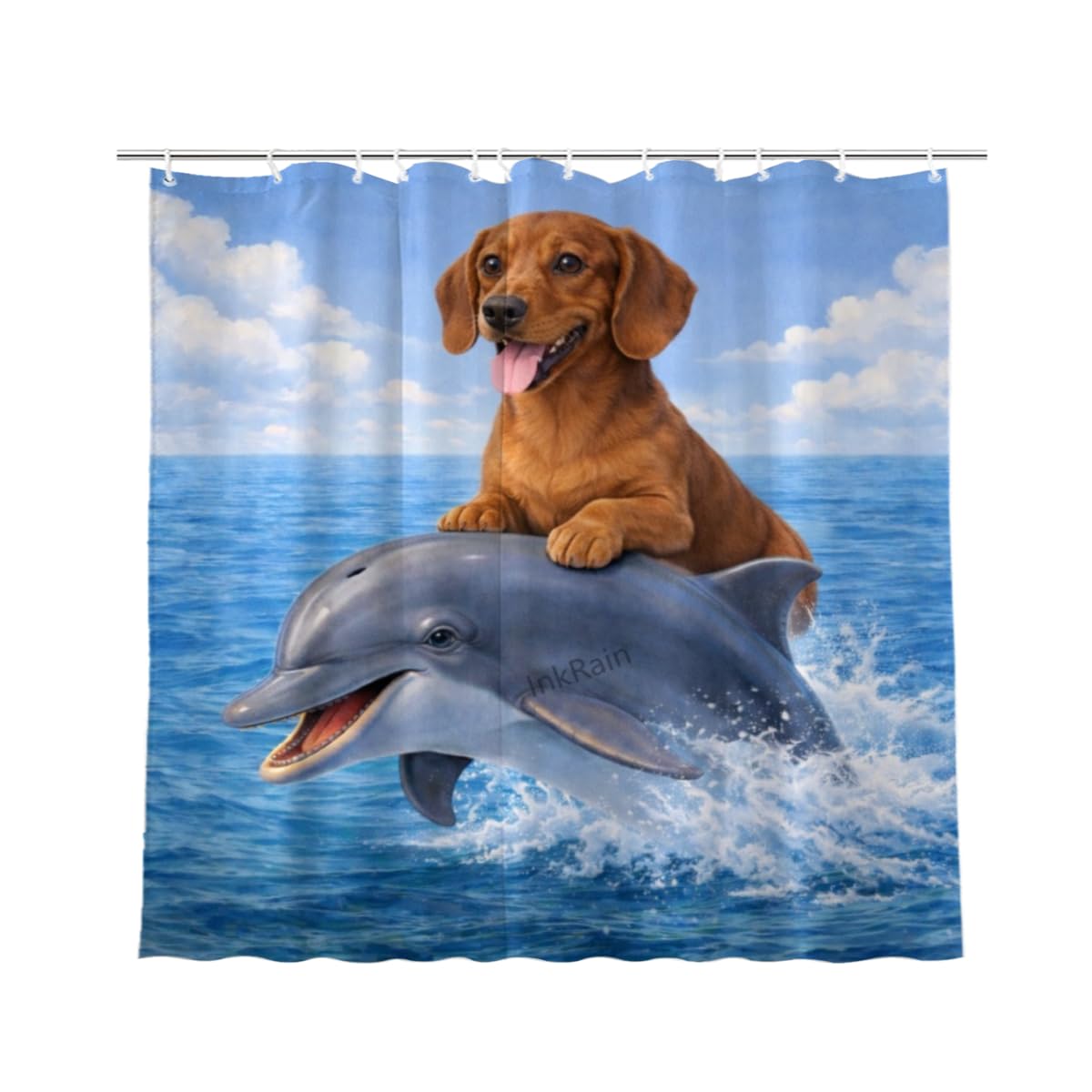InkRain Ocean Dachshund Shower Curtain with 12 Hooks Cute Puppy Riding Dolphin Bathroom Decor Waterproof Polyester Fabric Coastal Beach Bath Curtain 72x72 Inch