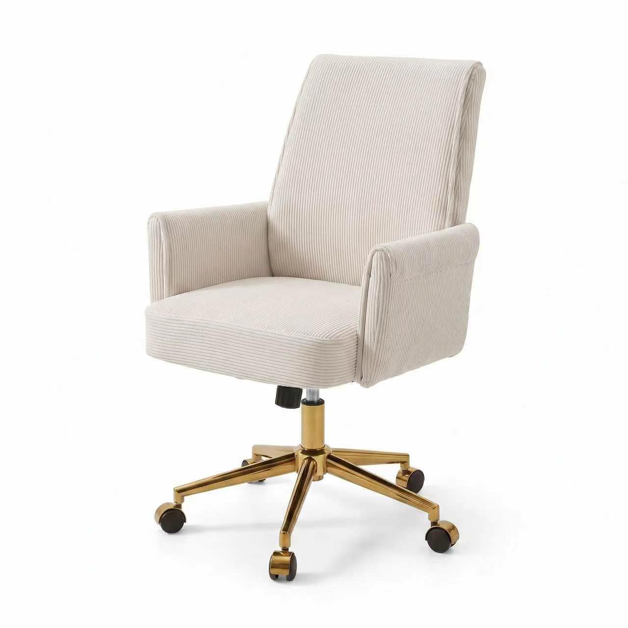 Stripes Velvet Home Office Desk Chair, Accent Upholstered Modern Height Adjustable Swivel Chair with Wheels,Ergonomic Task Chair for Living Room,Bedroom,Vanity,Study,Office（Cream）