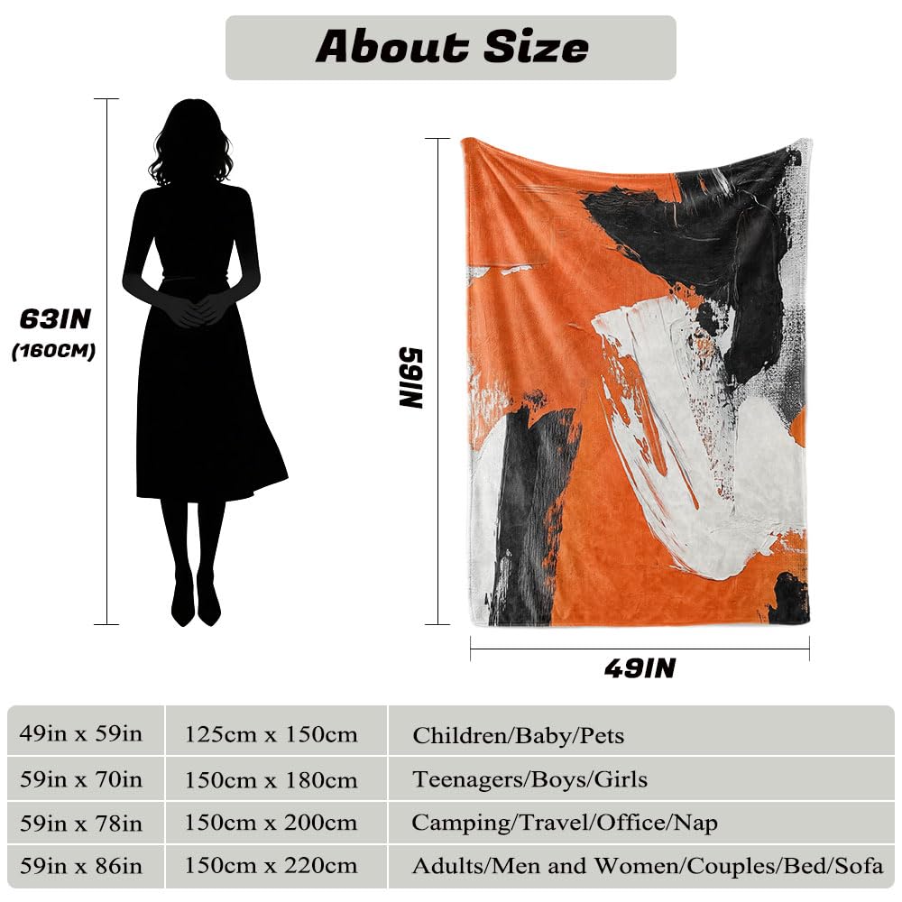 HUNXIAOJ Abstract Throw Blanket Orange and Black Flannel Blanket Abstract Orange Bedding Warm Soft Flannel for Bed Sofa Couch (59in x 70in)