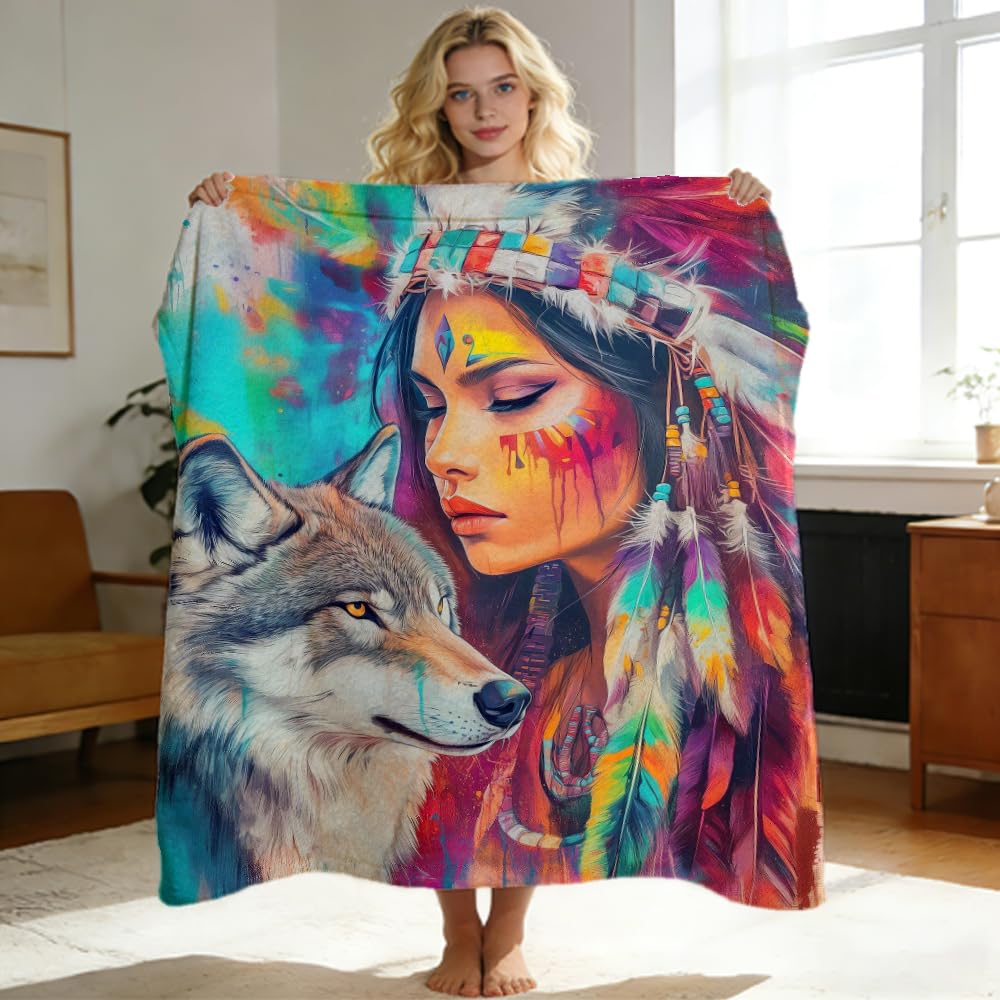 ZHOUSHUTONG Native American Throw Blanket Indian Tribal Chief Print Super Soft Warm Cozy Flannel Blanket for Couch Bedroom Office Southwest Cultural Home Decor Gift 49"x59"
