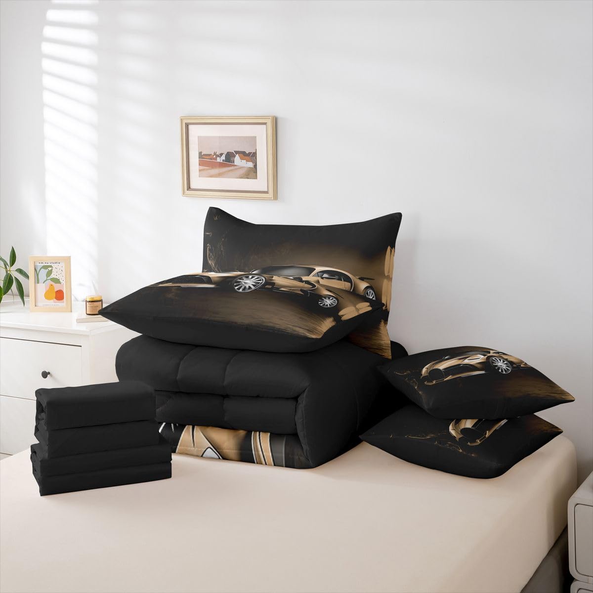 Feelyou Sports Car 7 Piece Bedding Set Brown Race Car Comforter Set with Sheets for Kids Boys Girls Extreme Sports Bed in a Bag Cool Speed Luxury Car Decor Quilt with 2 Pillowcases Full