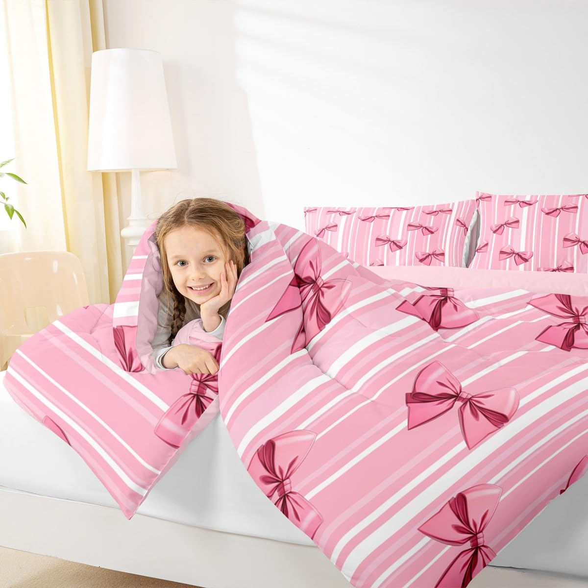 Erosebridal Pink Bowknot Bedding Set for Girls Bedroom, Dreamy Princess Full Size Comforter Set, Cute Bow Girly Down Comforter, Kawaii Stripes Quilt,Lightweight Bedroom Decor
