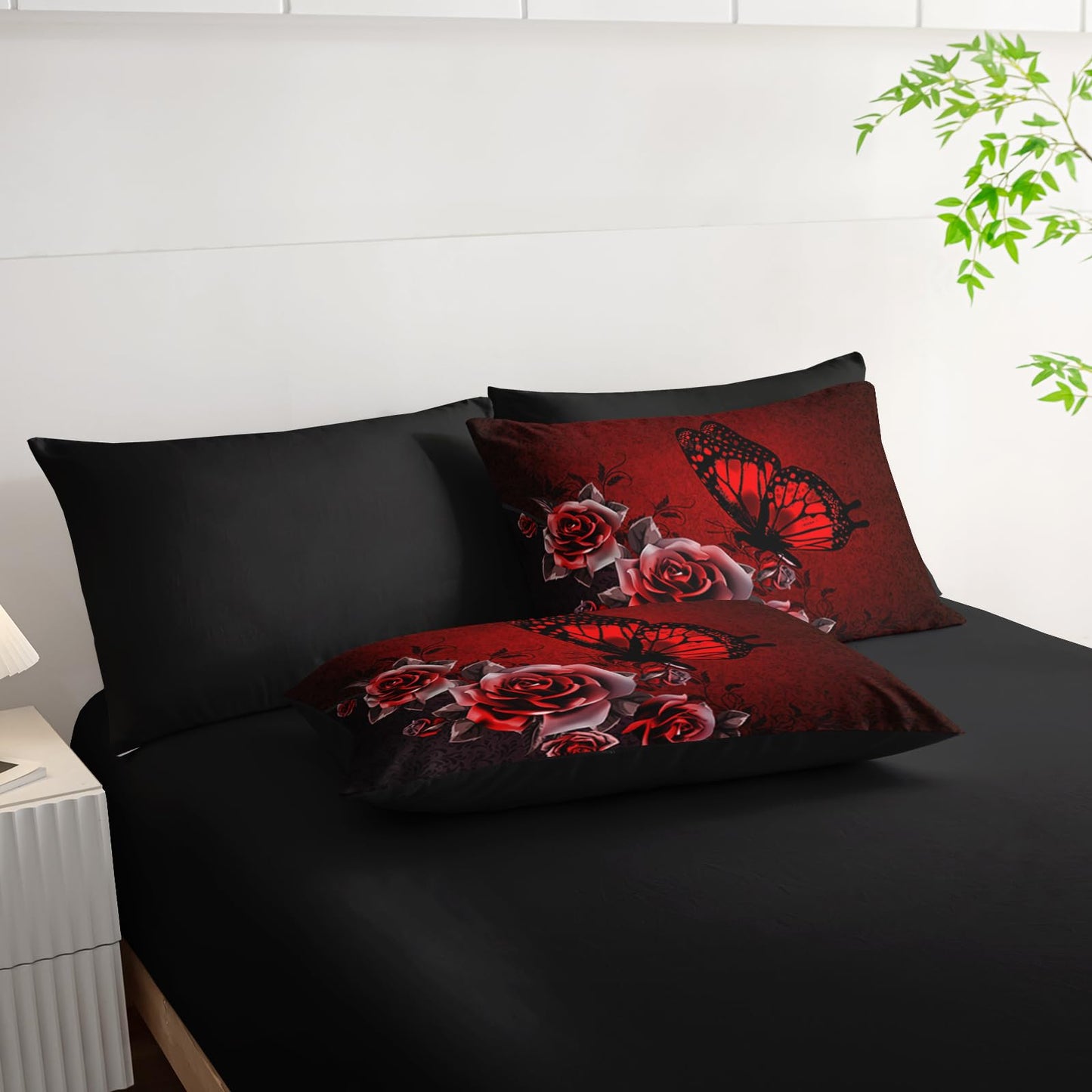 AILONEN Floral Butterfly Comforter Set Queen Size,Red and Black Bed in a Bag,7Pcs Soft Microfiber Retro Butterfly Comforter,Fitted Sheet,Flat Sheet,2 Pillowcases,2 Pillow Shams for Room
