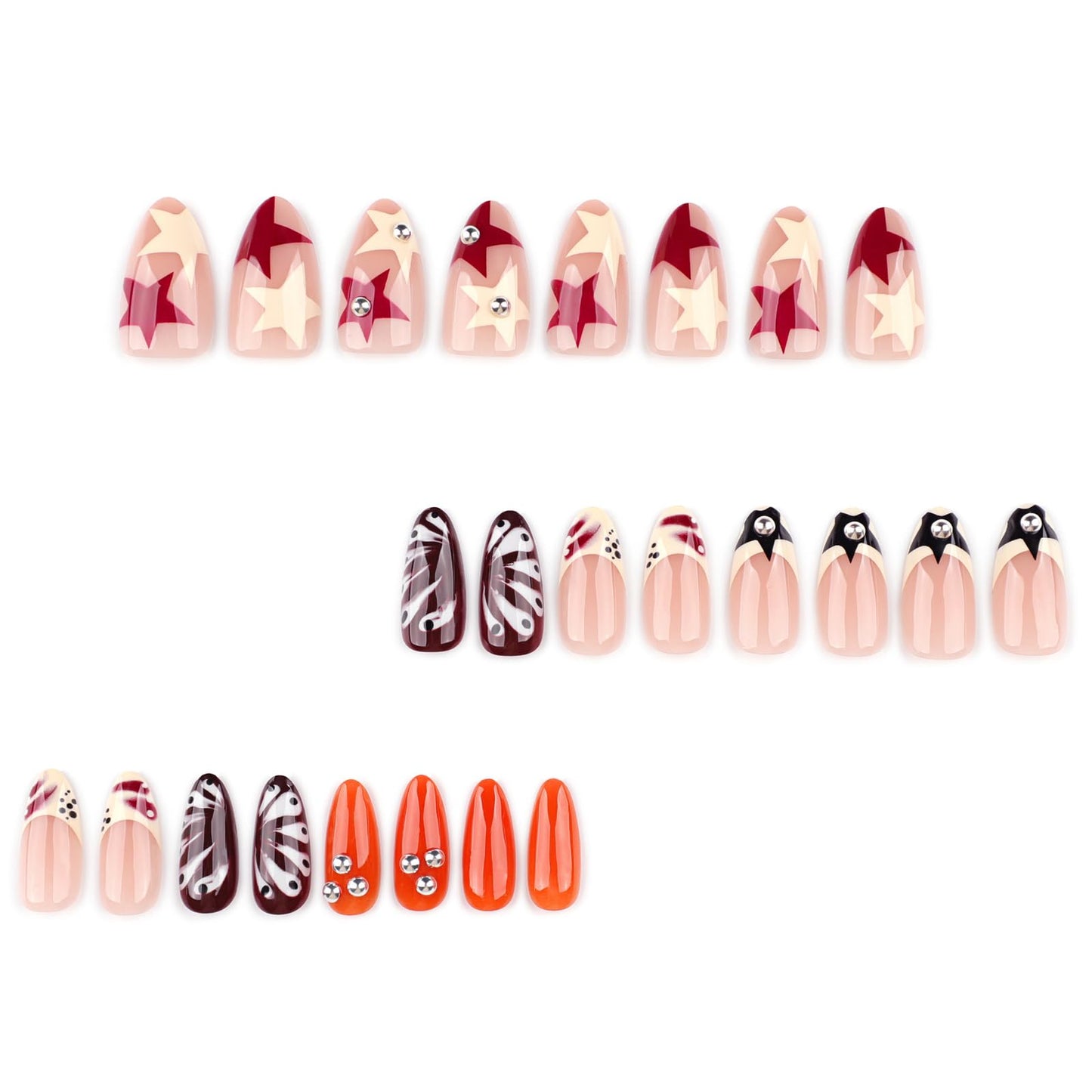 IMSOHOT Medium Almond Press on Nails- Metal Ball & Star French Tip Design, Glossy Acrylic Handmade Glue on Fake Nails, Y2K, Punk Artificial False Nails 24Pcs