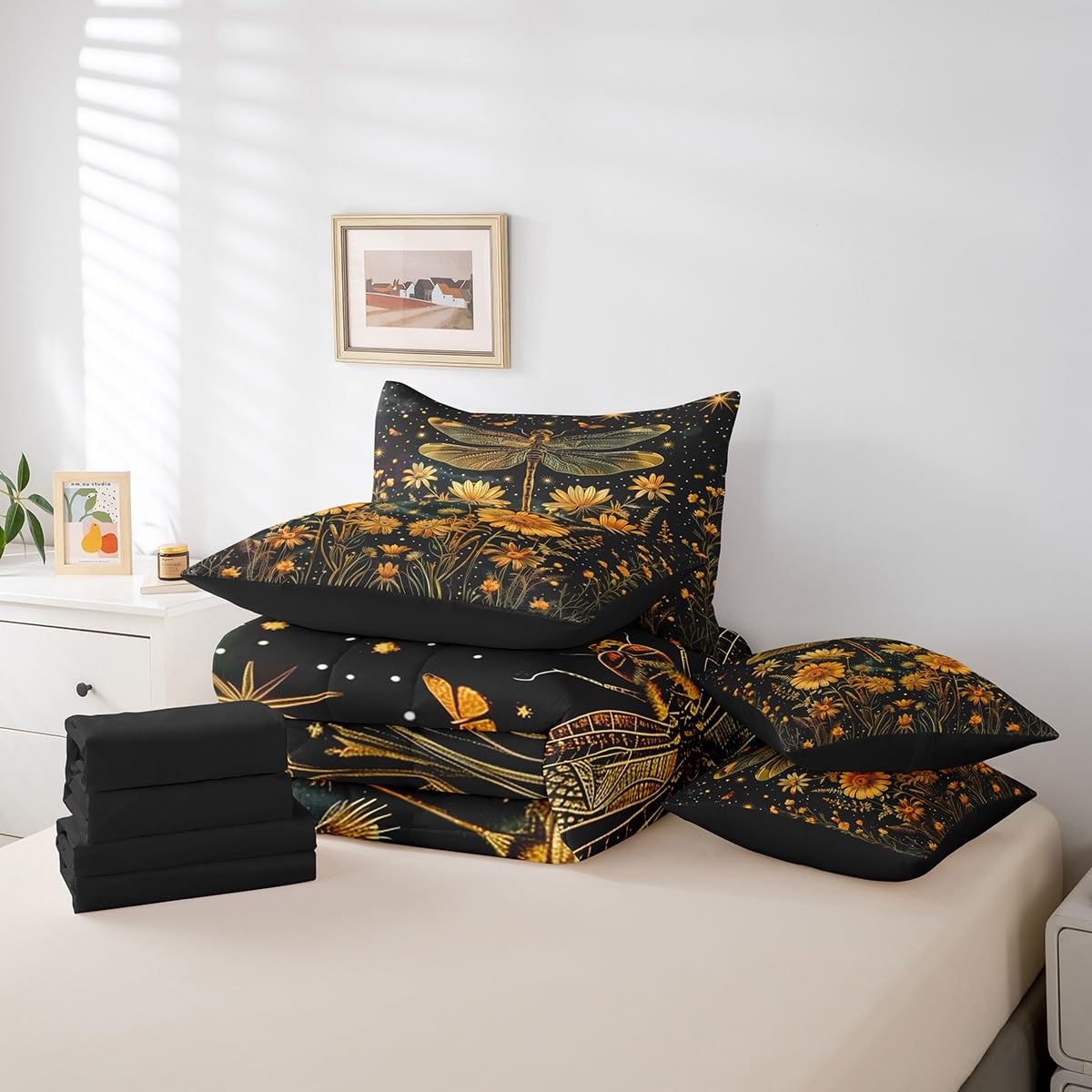 Erosebridal Wildflower Dragonfly Comforter Set Queen,Retro Groovy Daisy Floral Bedding Set 7Pcs for Kids Boys Girls,Bohemian Botanical Butterfly Bed in a Bag,Sparkle Starry Sky Quilt