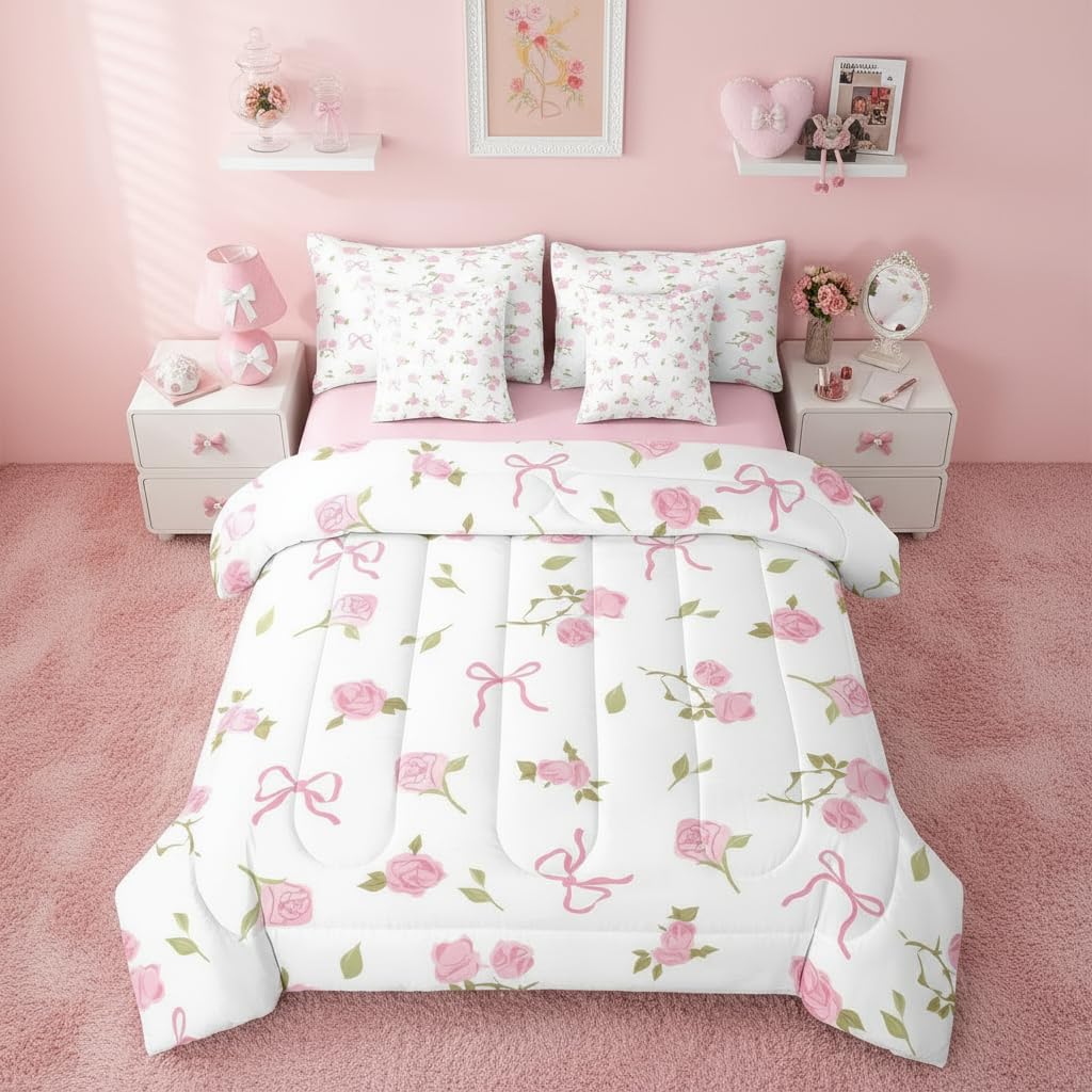 Erosebridal Pink Bowknot 7 Piece Bedding Set Full Size Rose Floral Bed in A Bag Coquette Bows Comforter with Sheets Princess Ballet Bow Bed Sets