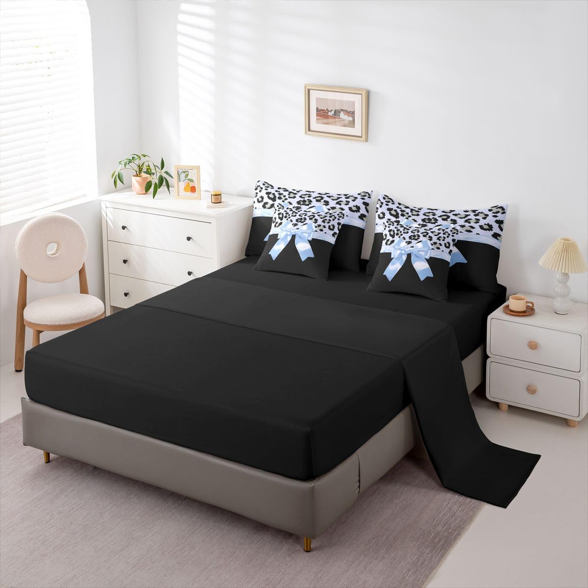 Feelyou Blue Silk Bowknot 7 Piece Bedding Set Queen Size Grey Leopard Comforter Set with Sheets for Kids Girls Women Black Blue Bed in a Bag Sweet Romantic Bed Set