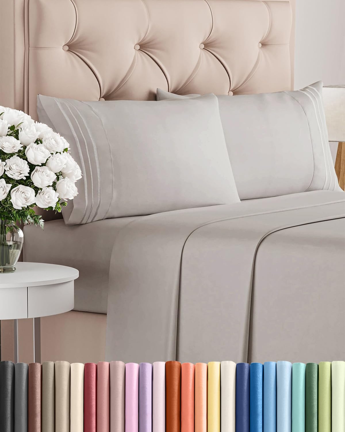 Queen Size 4 Piece Sheet Set - Comfy Breathable & Cooling Sheets - Hotel Luxury Bed Sheets for Women & Men - Deep Pockets, Easy-Fit, Soft and Wrinkle Free Sheets - Light Grey Oeko-Tex Bed Sheet Set