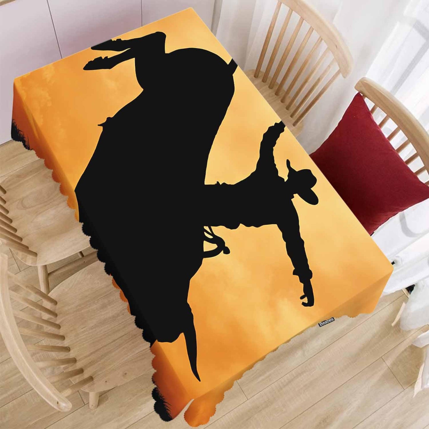 Beabes Bull Rider Table Cloth Rectangle Table 52"X70", Western Cowboy Bucking Bull Sunset Wipeable Table Cover for Dinner Kitchen, Outdoor Tablecloth for Party Banquets Weddings