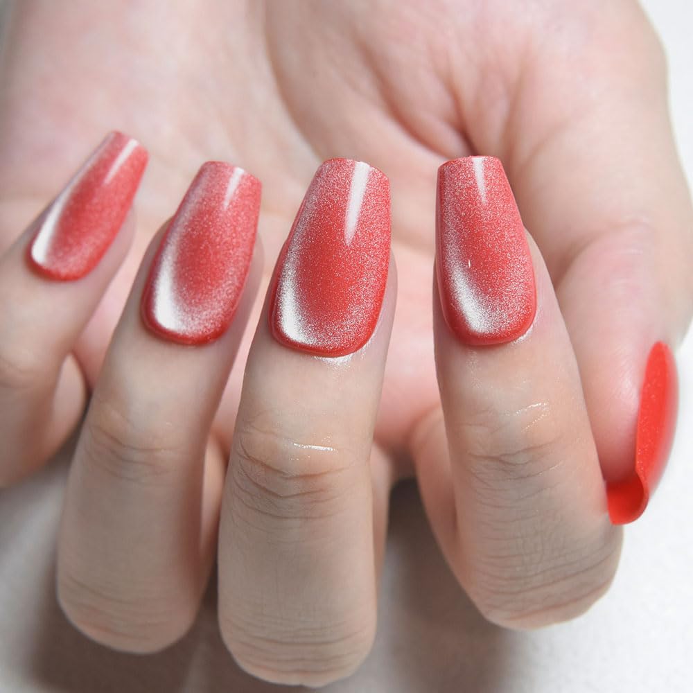 evpct No Glue Red Pink Cat Eye Coffin Press on Nails Square Medium, Medium Square Stick on Nail for Women, Red Pink Metallic Glitter Glossy Reusable Summer Soft Press on Acrylic Fake Nail with Design