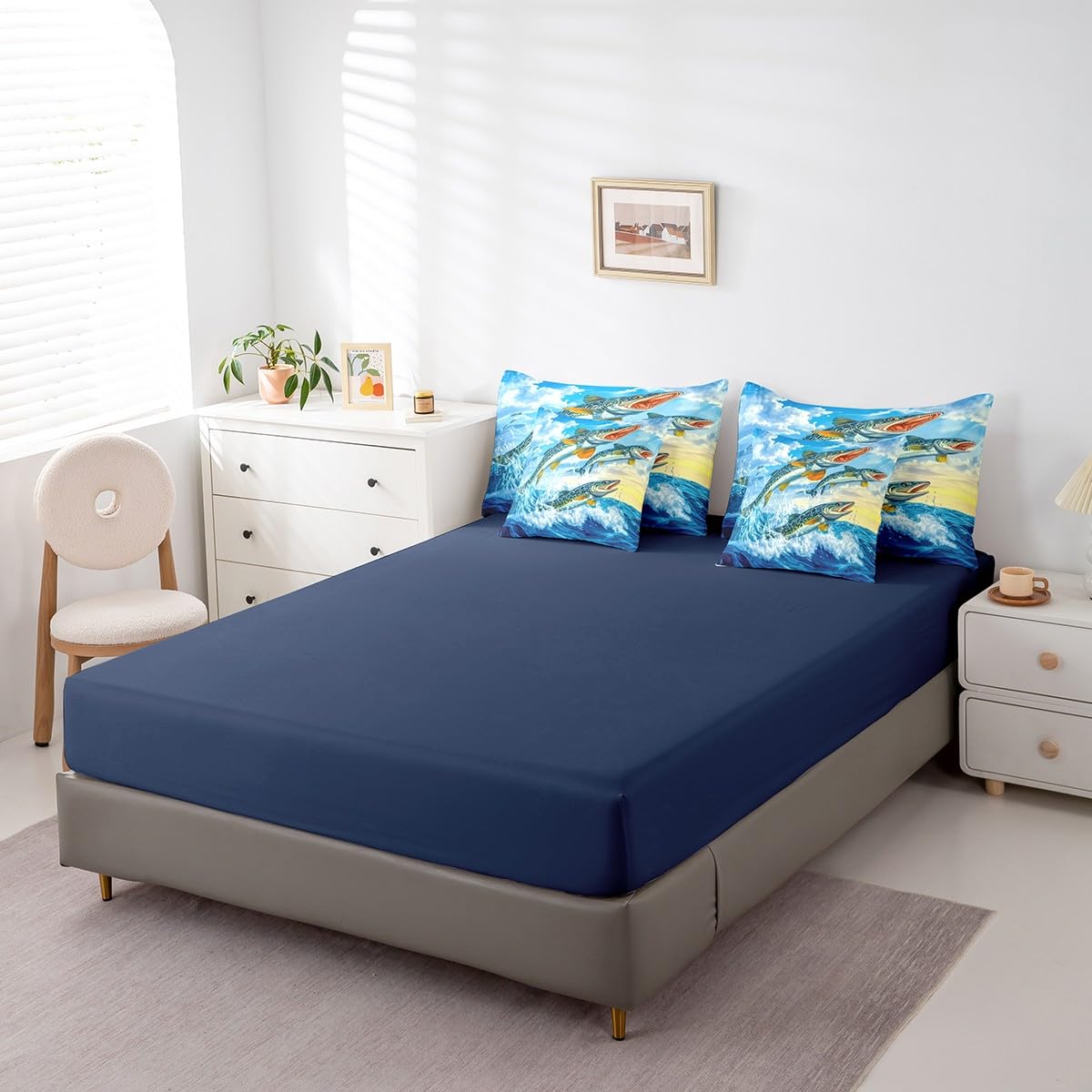 Erosebridal Pike Fish Bedding Sets, Big Bass Fish Microfiber 7 Piece Full Size Comforter Set for Kids Boys Girls, Hunting and Fishing Print Bed in a Bag Bed Set, Sea Waves Animals Bed Sheets Set