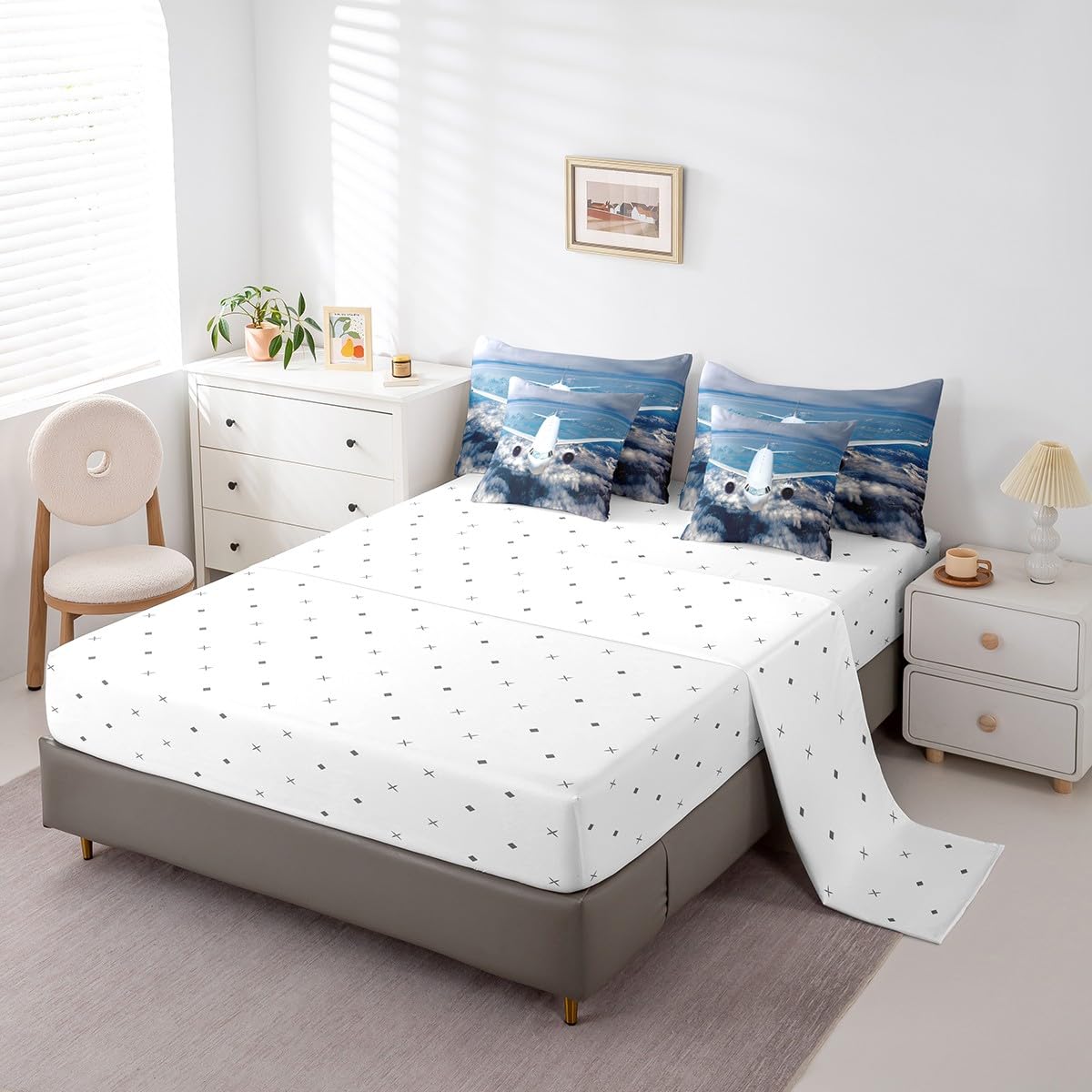 Erosebridal Aviation Aircraft Comforter Set 7 Piece Bed in a Bag Twin,Plane Airliner Bedding Sets Airplane Aeroplane Sheet Set with Comforter