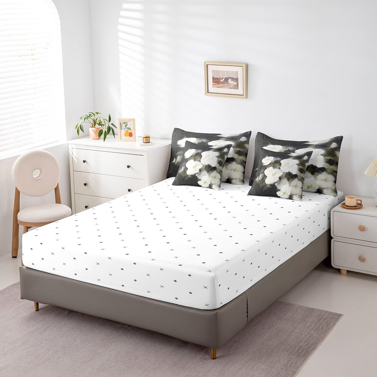 Erosebridal Oil Painting Flower Bedding Set for Kids Teens,Abstract Art Comforter Set Full Size,White Daisy (Comforter+Fitted+Flat Sheet+2 Pillowcases+2 Throw Pillow Covers) 7 Pieces Bed Set