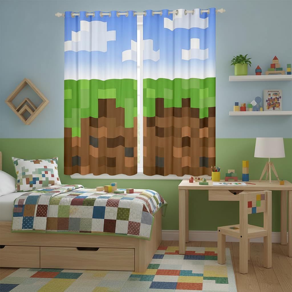 Castle Fairy Pixel Grid Miners Window Curtain | Pixelated Games Window Drapes for Kids Bedroom Decor,Geometric Grid Blackout Curtains Brown Green Army Camo Living Room Top 2 Panels,38Wx54L