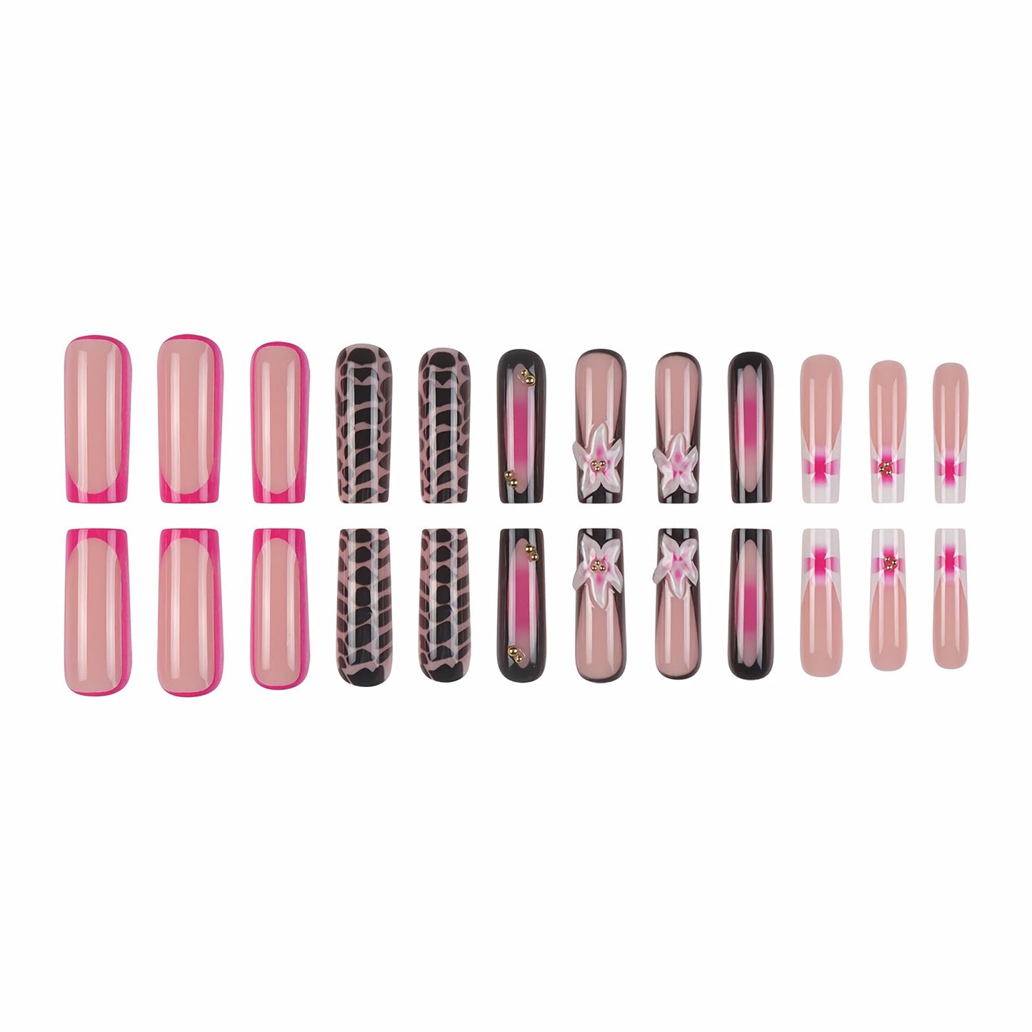 MISUD Press on Nails - Long Square Glue on Nails with Pink Black, Acrylic Handmade Flower Design 24 pcs