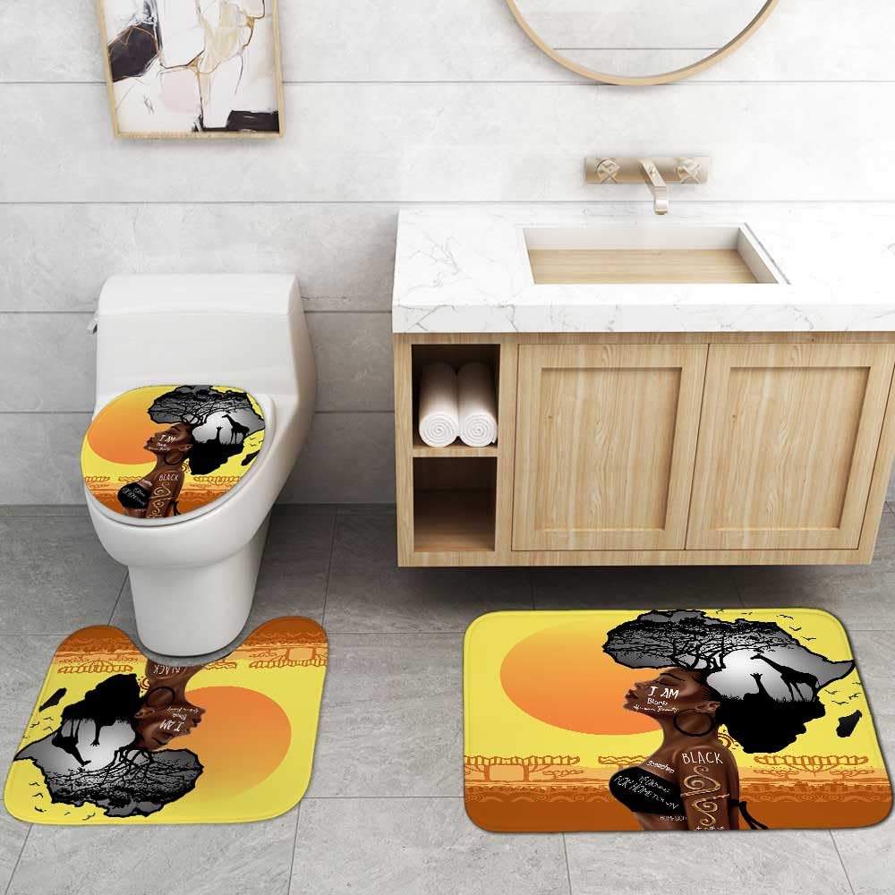 Jayden Madge 4PCS African American Woman Shower Curtain Set, Inspirational Quotes Sunset Safari Animals Tribal Afro Girl Proud Melanin Queen Black Women Bathroom Decor, Non-Slip Bath Mat Toilet Rug