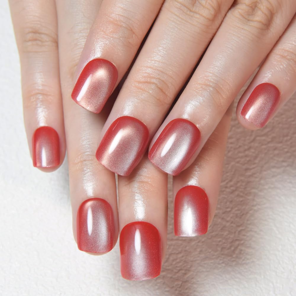 evpct Pink Cat Eye Extra Short Press on Nails Square, Petite Short Square Stick on Nails for Women Gift, Red Nude Pink Metallic Glitter Glossy Reusable Soft Gel Press on Acrylic Fake Nail with Design