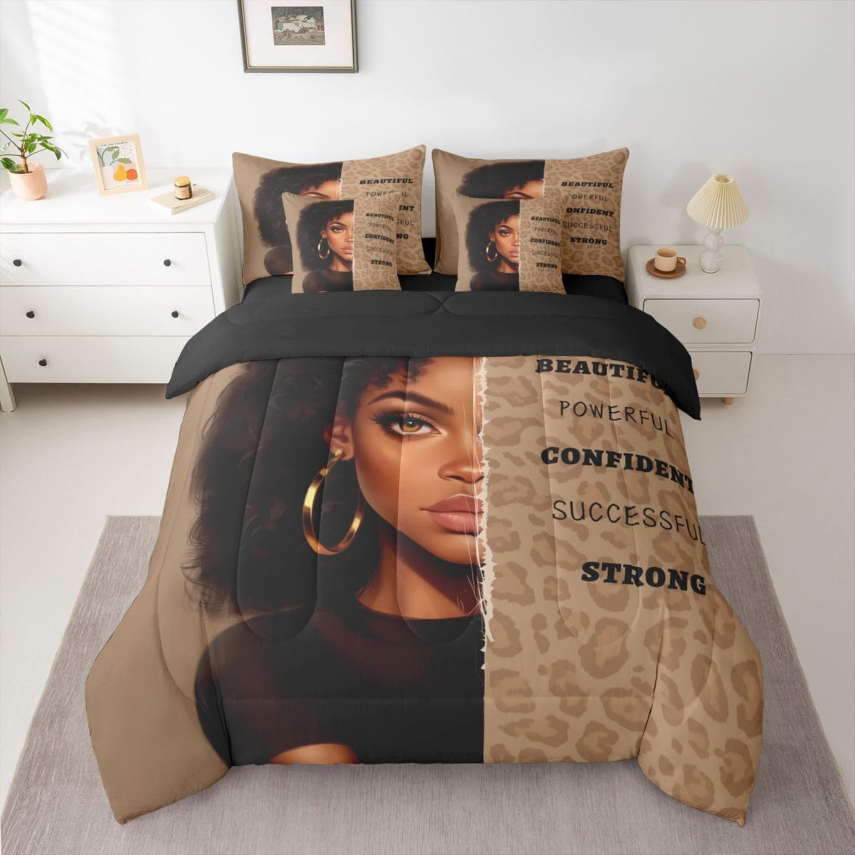 Erosebridal Aesthetic Black Girls Queen Bedding Set Fashion Leopard Print Comforter Set with Flat and Fitted Sheet Modern Cheetah Girl 7-Piece Bed in a Bag Women Empowering Words Art Quilt Sets
