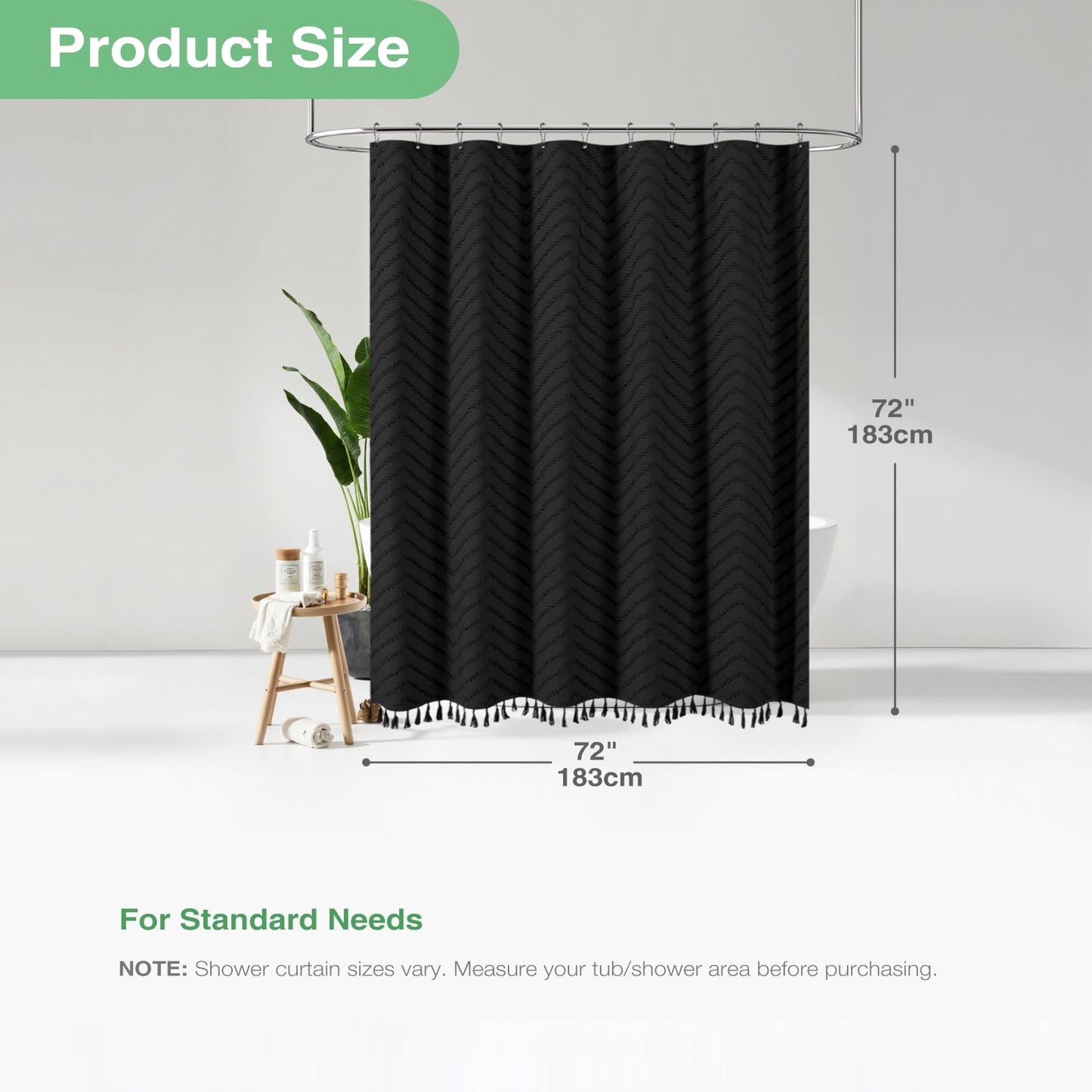 Dynamene Black Boho Shower Curtain and Liner Set, Farmhouse Fabric Shower Curtain and Waterproof Clear Liner, Tufted Chevron Striped Textured Tassel Shower Curtains for Bathroom with 12 Hooks, 72x72