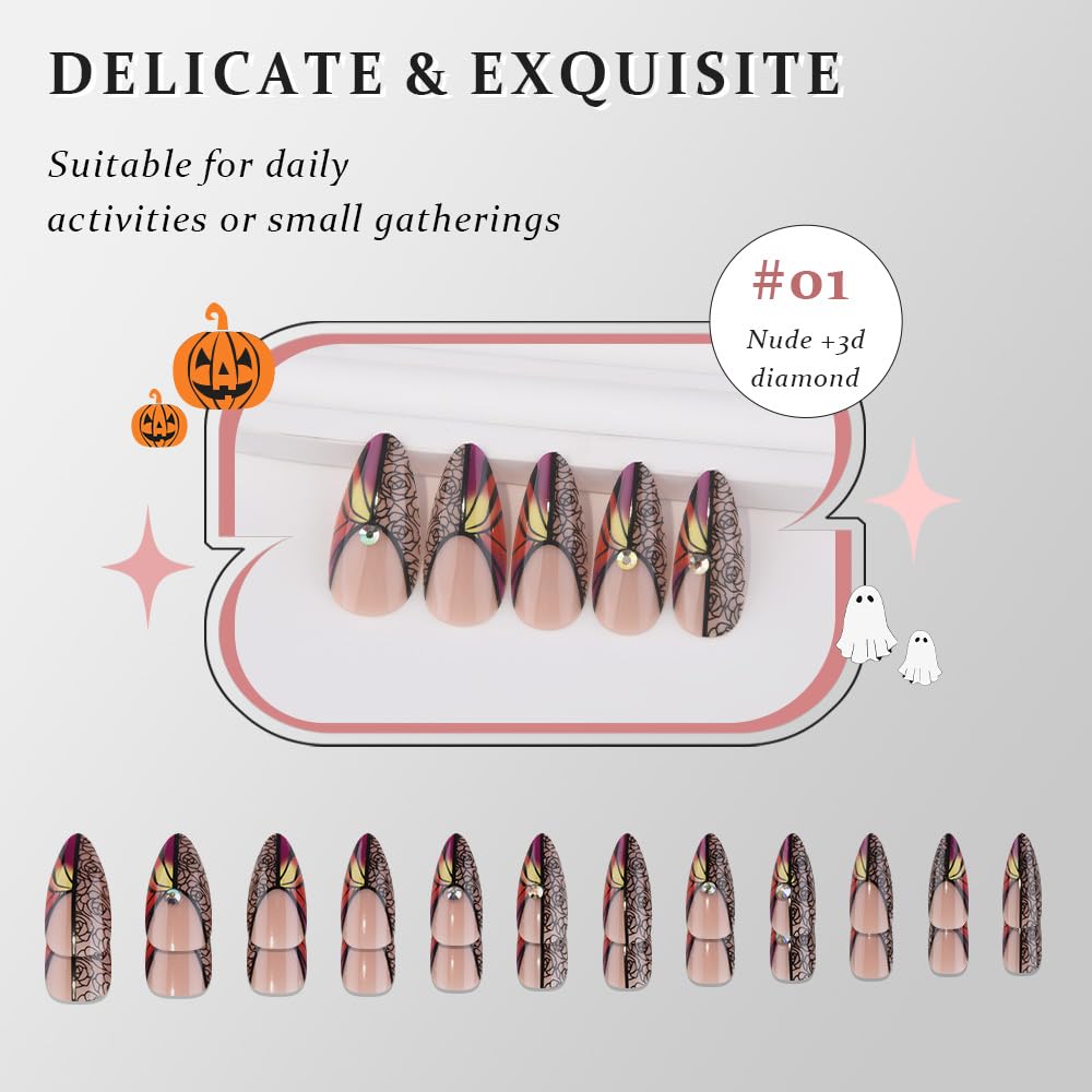 Nude Press on Fake Nails Medium Almond with Black Rose Design, Press on Nails Rheinston Design Reusable Manicure for Women Girls, Perfect Fit Stick on Nail Press ons Glossy Finish, 24Pcs