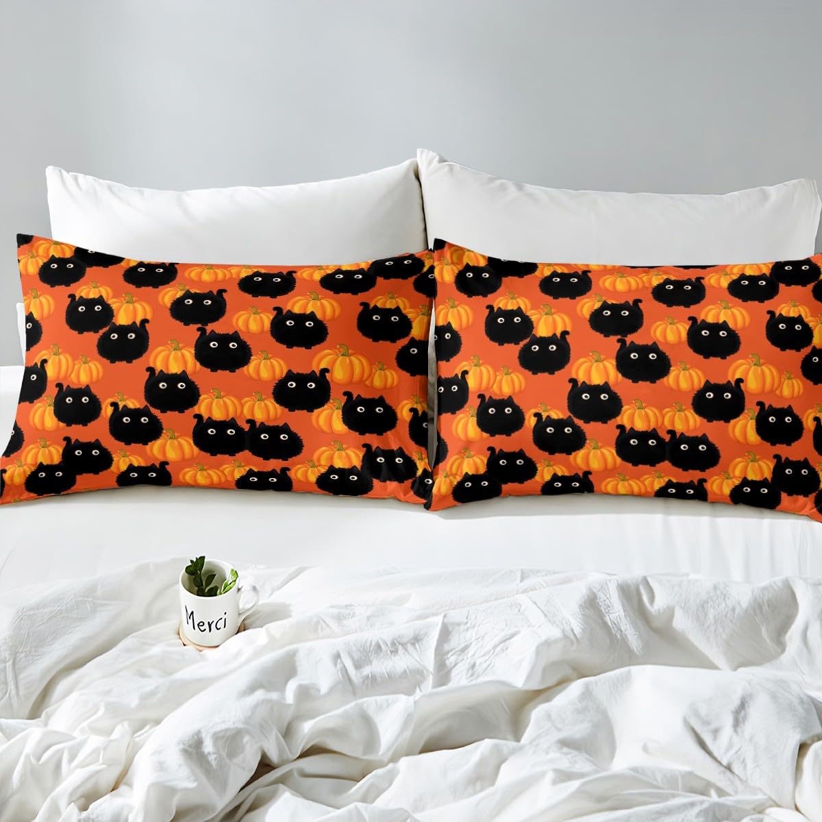 Black Cat Orange Pumpkin Bed Sheet 4 Piece,Halloween Cartoon Animal Sheets Full Size Bed Set,Cute Graffiti Farmhouse Style Bedding Set with Flat,Fitted Sheet,2 Pillow Cases