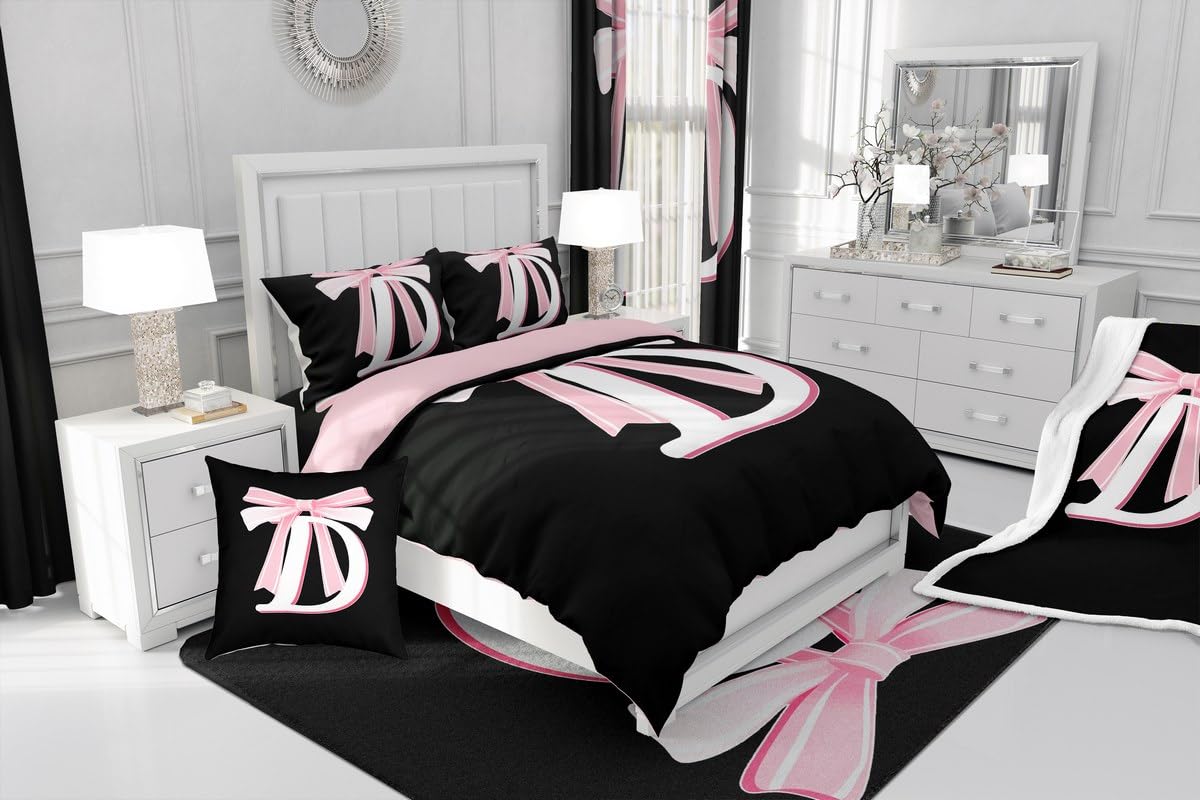 jejeloiu Kids Girls Black Pink Bow Comforter Set with Sheets Twin Size Monogrammed 7 Piece Bedding Set Personalized Initial D Bed in a Bag with Comforter, Sheets,Pillowcases Modern Fashion Bed Set